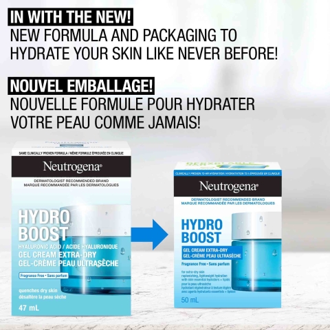  Old and the new packaging of NEUTROGENA® Hydro Boost Gel Cream Extra Dry with a text' New Formula and Packaging to hydrate your skin like never before'